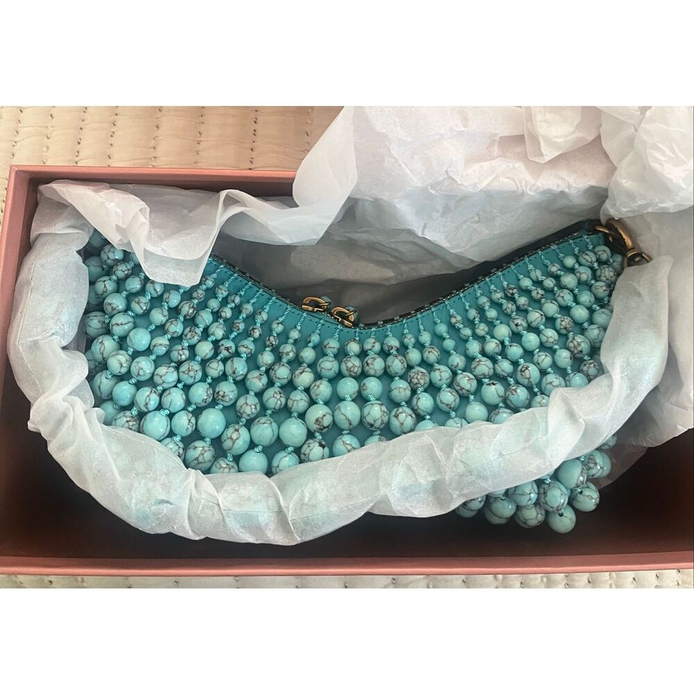 Cult Gaia Turquoise Beaded Shoulder Bag Marble Bead Mini Clutch Purse w/ Dust Ba - Picture 9 of 12